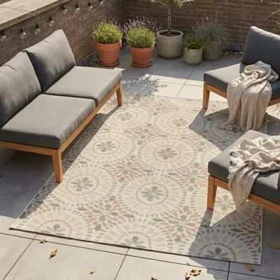 Produktbild von Volero - Outdoor Teppich - Ranch Mandala Beige - 240x340 cm - Wohnzimmer, Esszimmer, Balkon, Garten, Terrasse - Boho, Retro