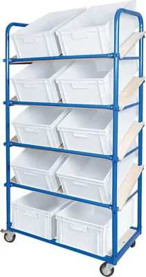 Produktbild von Schrägboden-Regalwagen mit 5 Ebenen, 4 Lenkrollen, bestückt mit 10 Euroboxen 600x400x220 mm weiß