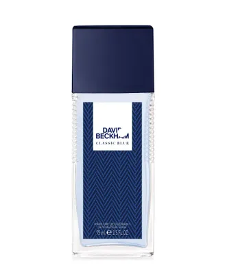 A product shot of a David Beckham Classic Blue deodorant spray for men.