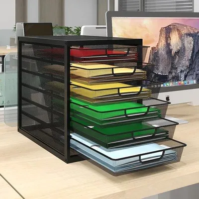 Image de Organiseur de bureau à 6 tiroirs pour papier A4, avec compartiment de rangement, noir
