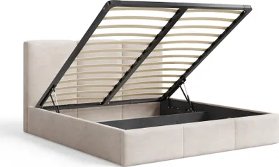 Obrázek produktu pro Čalouněná postel BESILIO s úložným prostorem 200x200 Elora - štíhlá postel s ozdobným čelem a kovovým rámem - hnědá