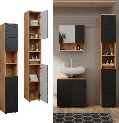 A collage of a tall bathroom cabinet and a bathroom vanity with a sink and mirror.