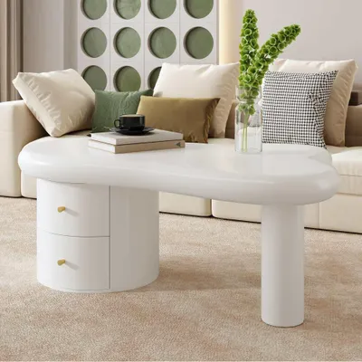 Produktbild von Weißer Couchtisch mit unregelmäßiger Form, 2 Schubladen, platzsparend, abgerundete Kanten, MDF, 97x64x42 cm