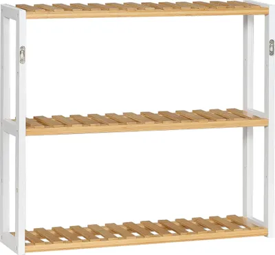 Obrázek produktu pro Nástěnná police z bambusu – 3 police – do koupelny a obývacího pokoje – 60 × 15 × 54 cm – přírodní dřevo