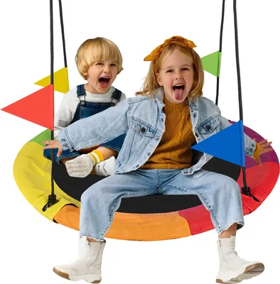 Two children are sitting on a colorful nest swing.