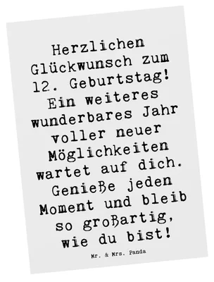 Produktbild von Mr. & Mrs. Panda Postkarte Spruch 12. Geburtstag Glück - Weiß - Geschenk, bildkarte, Herzlichen Glückwunsch, Grußkarte, Postkarten, Geburtstagswünsche, feiern, Alter