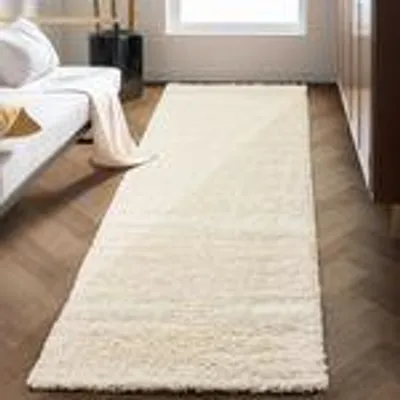 Produktbild von Teppich Wohnzimmer Hochflor Einfarbiges Design Langflor Shaggy Modern Flauschig, Größe: 80 x 250 cm, Farbe: Creme