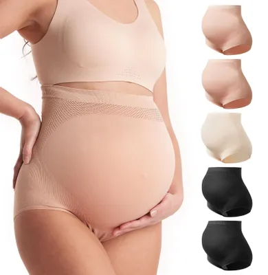 Produktbild von Momcozy Damen Umstandsunterwäsche mit hoher Taille, Weiche Nahtlose Schwangerschaftsunterwäsche, Über-Bauch-Schnitt, 5pk – 2schwarz, Mandel, 2austernrosa-5pk