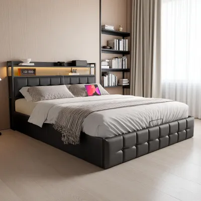 Produktbild von INONEFT Polsterbett 140x190 cm, Doppelbett mit Hydraulisch Stauraum, Jugendbett mit LED Beleuchtung und USB Anschlüsse, PolyurethanSchwarz, Ohne Matratze