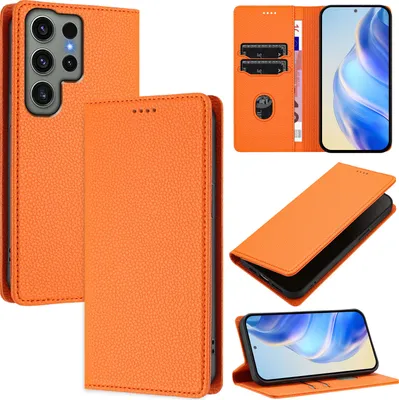 Produktbild von Litchi Leder Handyhülle für Samsung Galaxy S23 Ultra Wallet Kartenfächer Standfunktion Hülle Orange