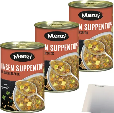 Produktbild von Menzi Linsen Suppentopf mit Räucherspeck 3er Pack (3x400ml Dose) + usy Block