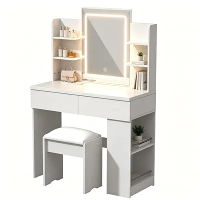 Produktbild von Schminktisch mit LED Beleuchtung Spiegel, einstellbare Helligkeit, Frisiertisch Kosmetiktisch mit 2 Schubladen, mit 1 Hocker