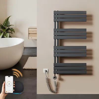 Image de S'AFIELINA, radiateur de serviettes électrique, dimensions 1041 × 600 mm, 600 W, couleur anthracite, radiateur de salle de bain avec thermostat, Wi-Fi, minuterie programmable et écran LCD