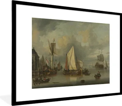 Produktbild von MuchoWow® Gerahmtes Poster Schiffe im Hafen bei ruhigem Wetter - Gemälde von Jan Claesz. Rietschoof 80x60 cm - Poster mit Schwarzem Bilderrahmen Wandposter Rahmen Foto Bilder - Schlafzimmer-Dekorationen - Fotoposter