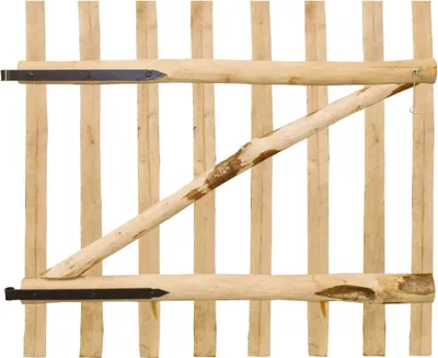 A wooden gate with a diagonal brace, set against a white background.