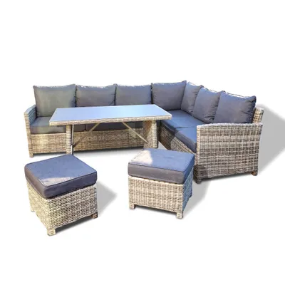 Produktbild von HOME DELUXE - Polyrattan Sitzgruppe BAHIA- inkl. Hocker, Tisch mit Glasplatte und Sitzpolster I Loungemöbel, Outdoor Sofa, Garten- & Balkonmöbel