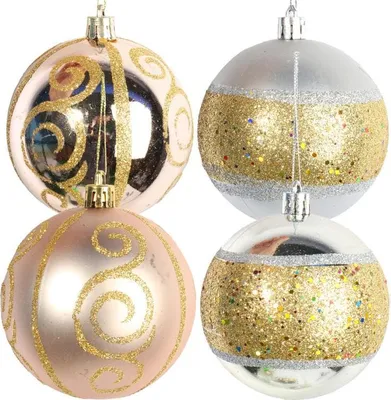 Produktbild von Set mit 6 silber- und goldfarbenen Kunststoffkugeln mit Glitzerverzierung, 8 cm