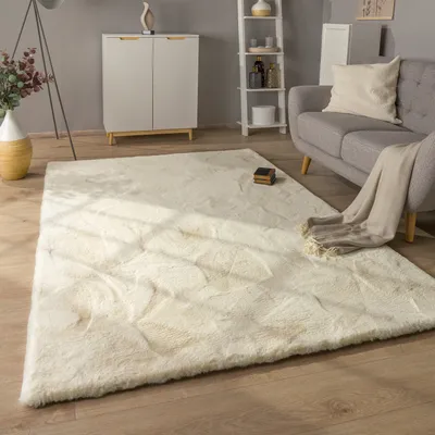 A living room scene with a rug, sofa, and furniture.