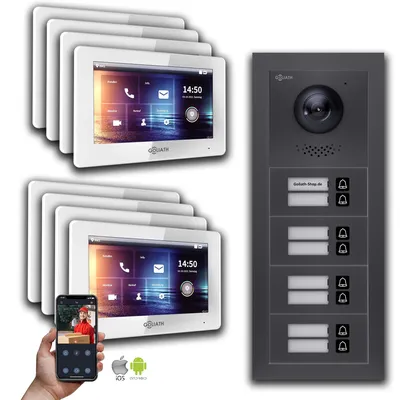 Image de Interphone vidéo BUS Goliath 2 fils : Maison de 8 familles, Smartphone App, Anthracite : Boîte de montage en saillie : 7 pouces en blanc Sélection du moniteur : 7 pouces en blanc Boîte de montage de la sonnette : Boîte de montage en saillie