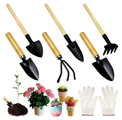 Produktbild von 6-teiliges Gartenwerkzeug Set Mini | Gartenschaufel, Rechen & Spaten mit Holzgriff | Für Bonsai, Topfblumen, Umpflanzen | Handgeräte für den Garten