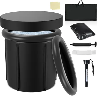 A black inflatable cold plunge tub with its accessories laid out around it.