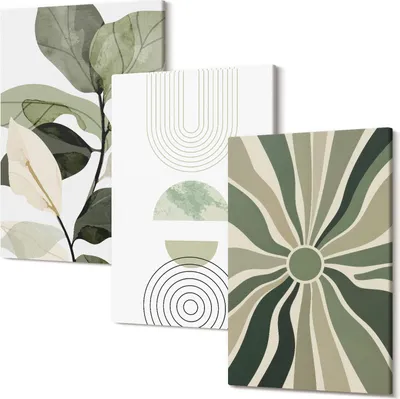 Produktbild von Leinwandbild – Wandbild – Leinwandbilder – Kunstdruck – Polycanvas – Modern – Mehrteilig – 3-Teilig Set – Hochwertig – Geruchslos – Lichtecht – Fertig Aufgespannt – 40x60 Cm Je Teil - Pflanzenmotive mit geometrischen Formen in Grün