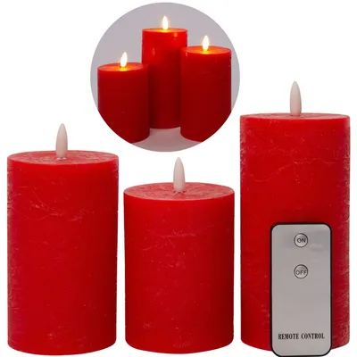 Produktbild von 3er Set Led Kerzen 7,5cm ø Kerze flackernde Flamme mit Fernbedingung ROT 15 cm + 12,5 cm + 10 cm Höhe, LED Kerzen mit Timerfunktion, 3 AAA Batterien nötig, LED Echtwachs Stumpenkerzen warmweiß
