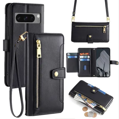 A collage of images showing a black leather phone case with a wallet and crossbody strap.