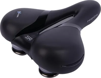 A black bicycle saddle is shown from a slightly elevated side angle against a white background.