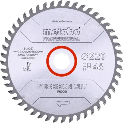 Produktbild von Metabo Sägeblatt precision cut wood - professional 220x2,6/1,6x30, Z48, Spanwinkel 10°, Hohlzahn