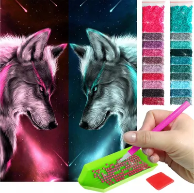 Zdjęcie produktu dla Haft diamentowy ARTULIO - Dwa wilki w kontrastowych barwach - 40 x 30 cm - Diamond painting, Kompletny zestaw: mozaika + akcesoria