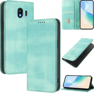 Produktbild von Handyhülle für Samsung Galaxy J4 2018, Vintage Leder RFID Schutz Kartenfach Standfunktion Magnetische Klapphülle Türkis