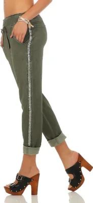 Produktbild von 230 Damen Hose Freizeithose Jogginghose Sportswear Style Stoffhose Baumwollhose Sweatpants Boyfriend mit Seitlichen Glitzerstreifen  Oliv