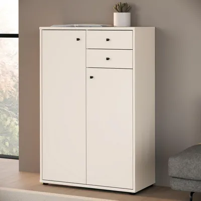 Produktbild von Forte TEMPRA 2 Kommode 70 80, moderne Kommode 2-türig, 2 Schubladen, Schlafzimmer, Wohnzimmer, Büro, Holzwerkstoff, Kaschmir|Beige, 73,7 cm breit x 111,1 cm hoch x 34,8 cm tief