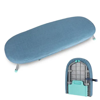A small ironing board is shown in its unfolded state, with a folded version of the same ironing board shown in the lower right corner.