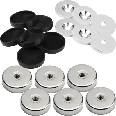 Produktbild von vasalat Topfmagnet mit Innengewinde, Magnet mit Metallscheiben und Gummi-Kappen, Rundmagnet ø 25mm, Neodym vernickelt 18-teilig
