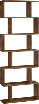 A tall, narrow, six-tier bookshelf with an asymmetrical, zig-zag design.