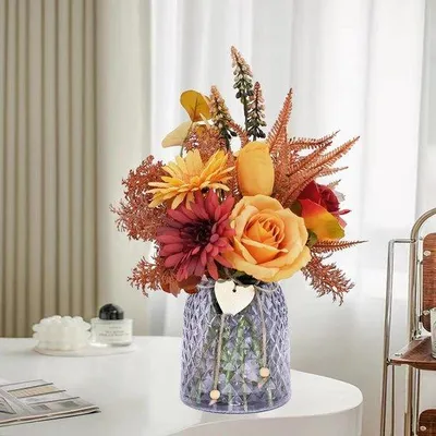 Produktbild von Famanu Kunstblumen im Topf - Dekoration für Wohnzimmer - Kunstrosen und Chrysanten - Fensterbank- und Schlafzimmerdekoration mit Glasvase