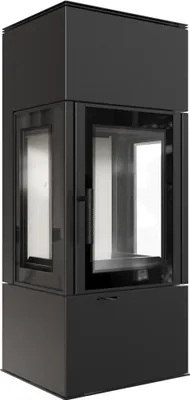 A black modern fireplace with glass panels.