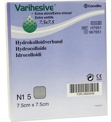 Productafbeelding van Varihesive extra dunne hydrokolloïde verbanden, 7,5 cm x 7,5 cm, 5 stuks. Wondbedekkers