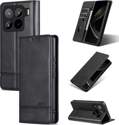 Produktbild von Leder Hülle für Xiaomi 15 Pro, Klapphüllen Brieftasche Magnetverschluss Ständer Schutzhülle Schwarz