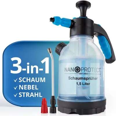 Produktbild von Nanoprotect Premium Drucksprüher | 1,5 L - Schaumsprüher mit 3 Düsen inkl. Messbecher + Lanze | Säurebeständig | Laugenbeständig | Pumpsprüher | Handsprüher