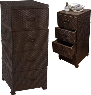 A brown plastic drawer unit with a woven texture is shown against a white background. A smaller, separate view of a similar drawer unit is also present, with some drawers pulled out and items on top.