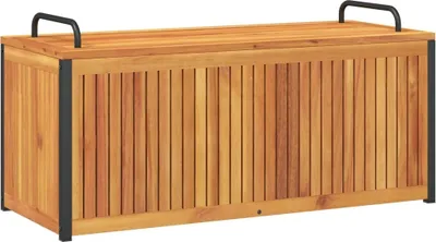 A wooden storage box with black metal handles and frame, shown from the front.