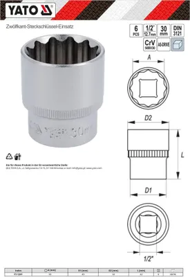 Zdjęcie produktu dla Yato YT-1291, Gniazdko, 1/2", Metryczny, 1 głowic(e), 30 mm, Stal chromowo-wanadowa