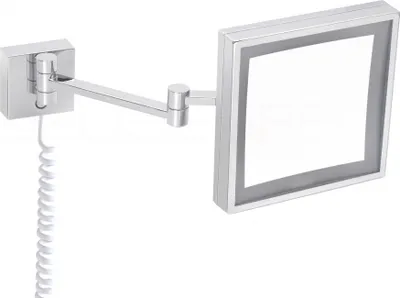 A wall-mounted makeup mirror with an extendable arm and a coiled cord.