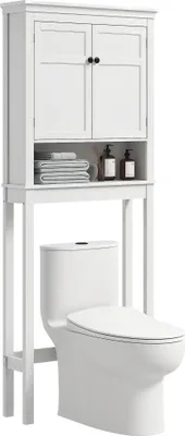 Obrázek produktu pro Koupelnová skříňka nad WC - Volně stojící - 2 dvířka - Nastavitelná police - Otevřená přihrádka - Moderní design - 70x20x175 cm - Bílá