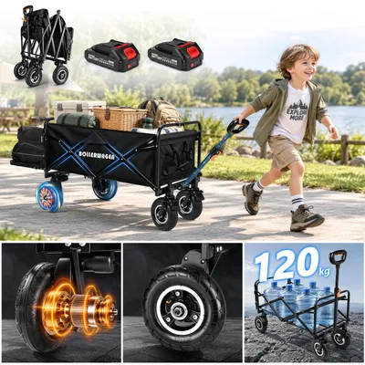 Image de Chariote à pneus, chariot électrique avec batterie 2 x 2,0 Ah et 2 moteurs de 50 W, capacité de 240 litres, charge utile de 80-120 kg, chariot de transport pliable, chariot de manutention, chariot de plage, compatible avec les batteries Makita 14,4 V