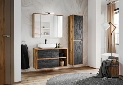 Image de Ensemble De Meubles De Salle De Bain 100 Cm Avec Lavabo, Armoires Et Miroir
