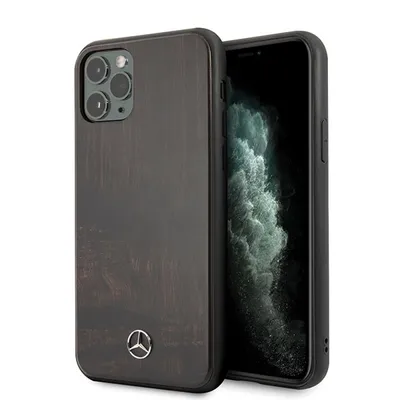 A dark brown wooden phone case with a Mercedes-Benz logo on the back, shown next to an iPhone.